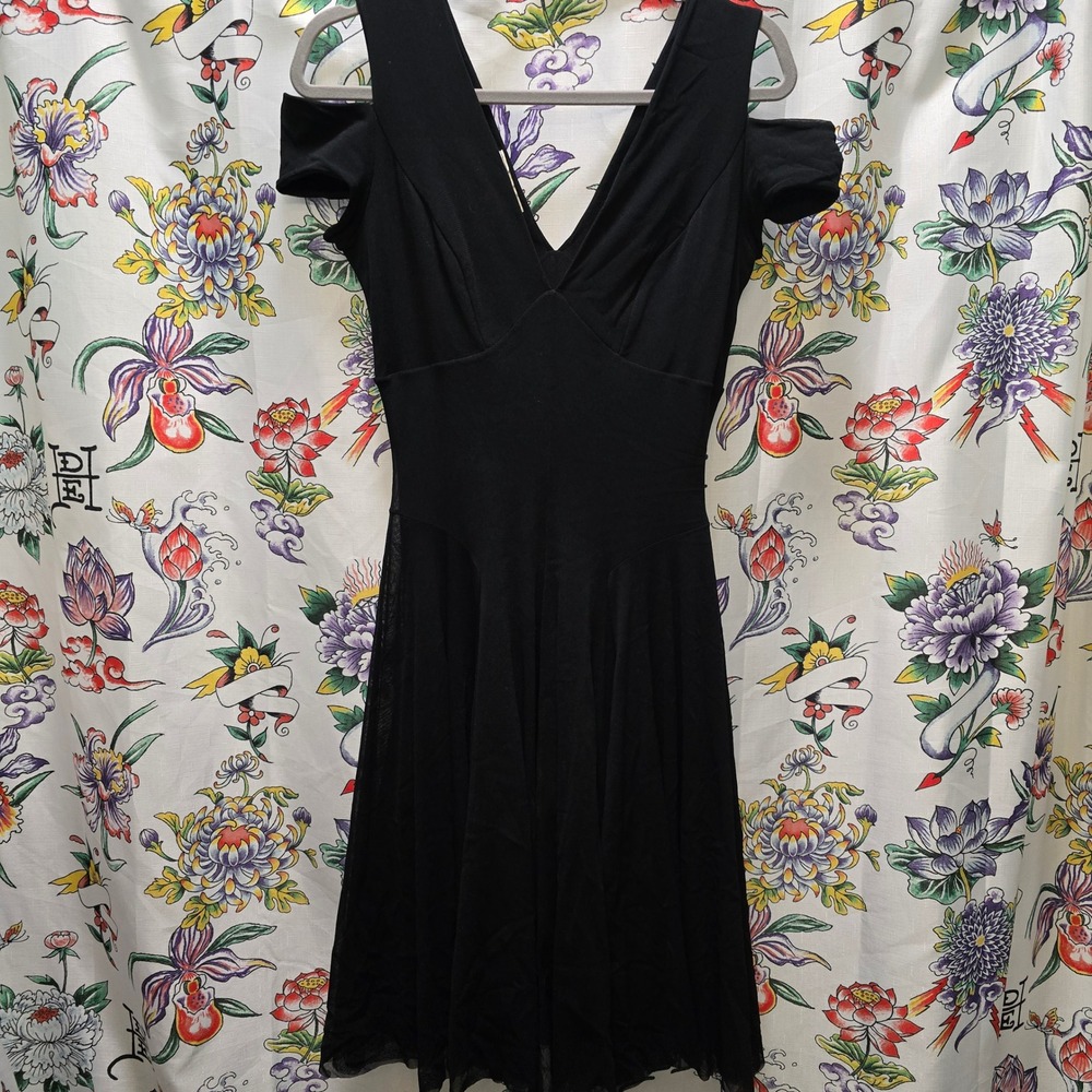 Vtg Elana Kattan Black Cold Shoulder V-Neck Midi Dress with‎ Mesh Skirt Medium
